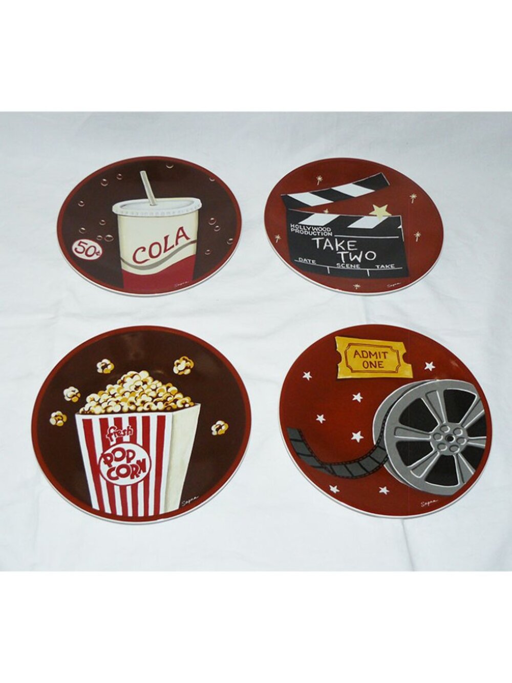 Gourmet Basics by Mikasa Collectible Dessert Plates Movie Night Set of 4, GUC